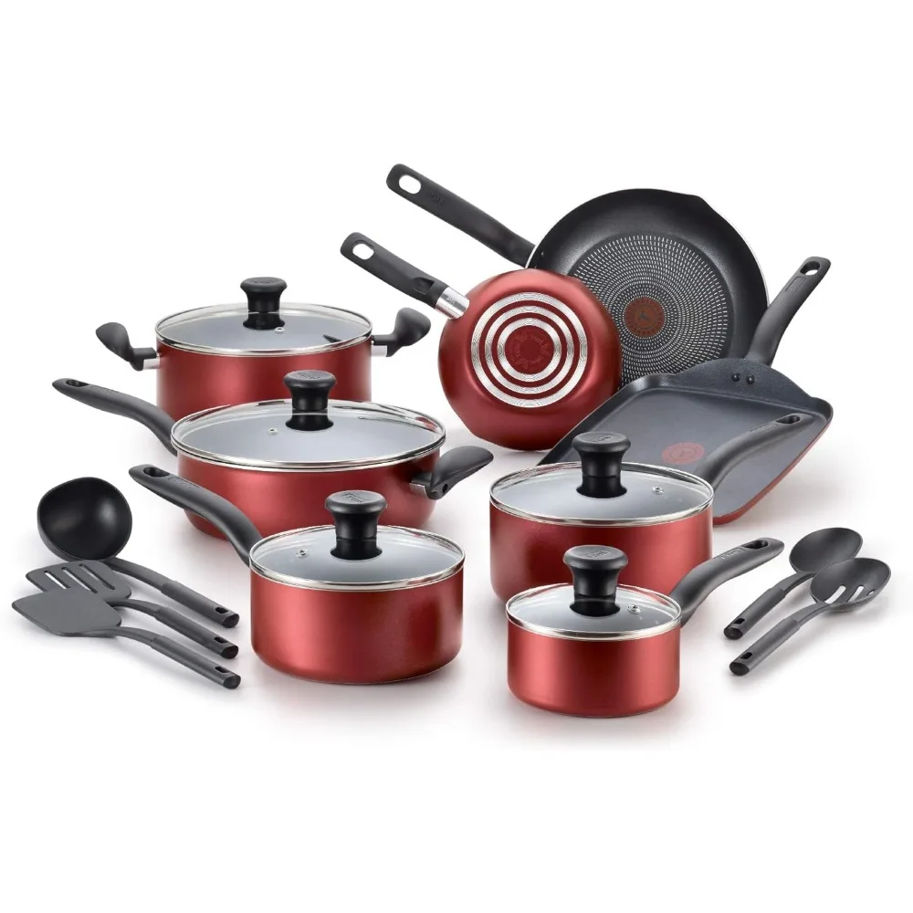 T-fal Initiatives-Ensemble d'ustensiles de cuisine antiadhésifs, 18 pièces, allant au four 350F, casseroles, lavables au lave-vaisselle, rouge