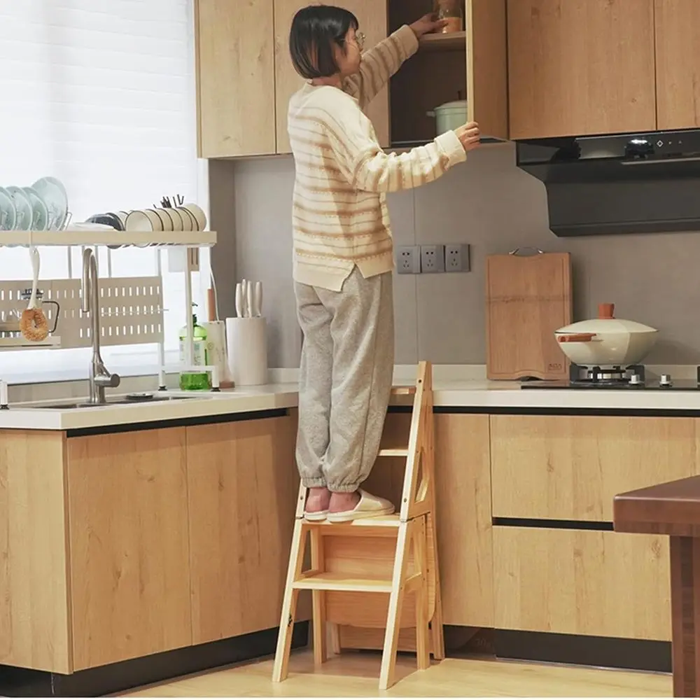 Brown 4-Step Folding Ladder Chair with Display Stand, 46x35x90CM