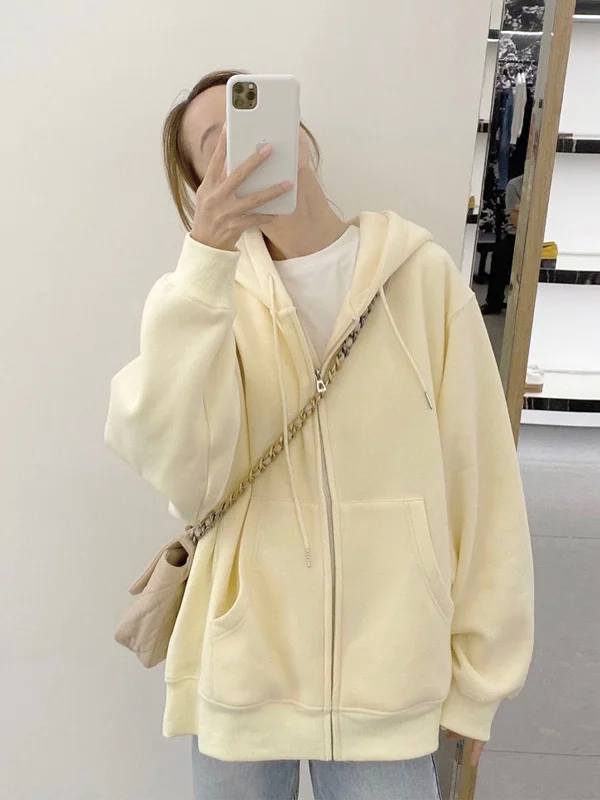 

Женская тонкая однотонная толстовка-кардиган в уличном стиле хип-хоп, оверсайз, повседневная, удобная, с длинным рукавом, на молнии