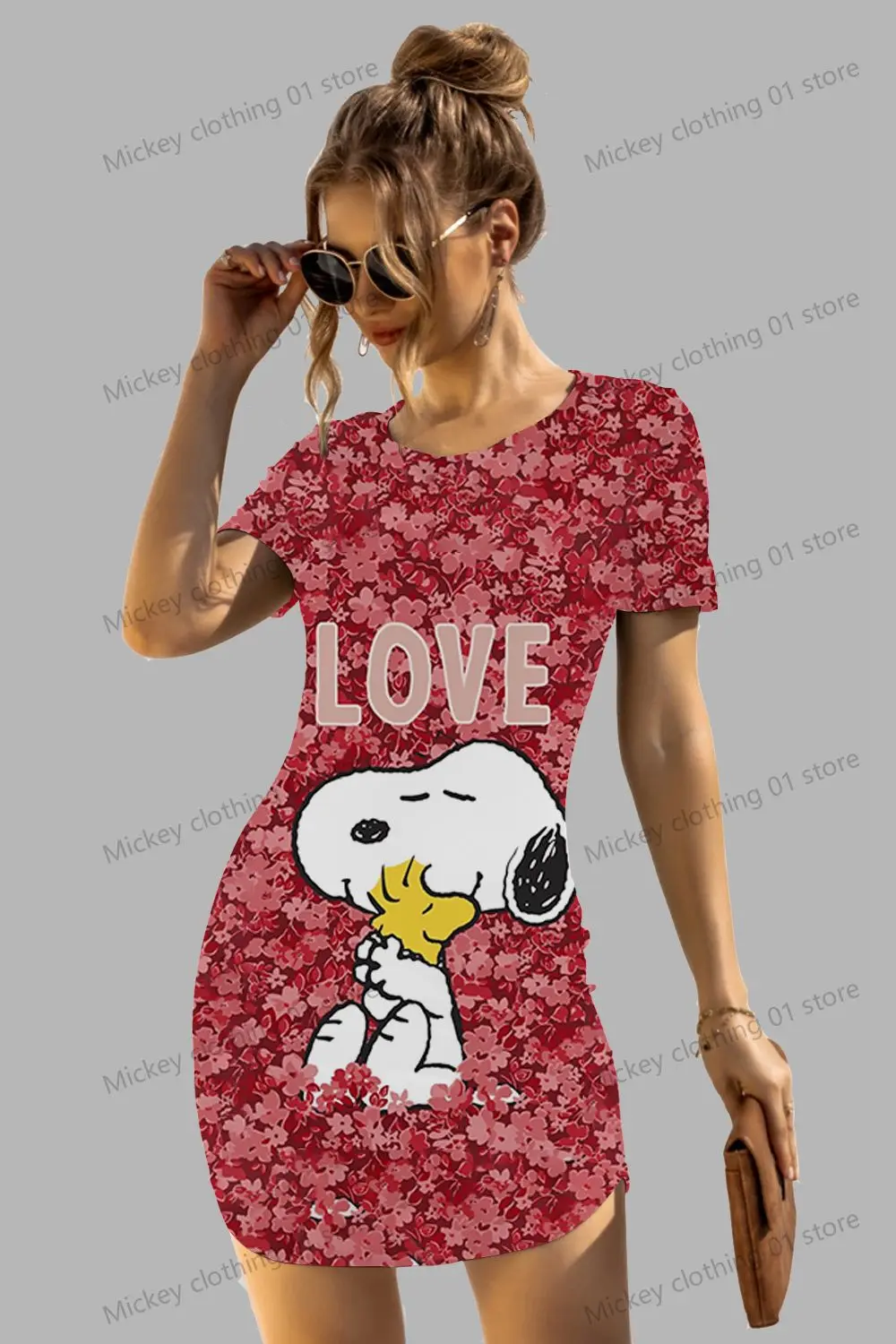 Snoopy Kawaii Women's Short Sleeved Hip Dresses Anime Summer Y2k 2024 S-3XL O Neck Elegant Chic Dress Sanrio Fashion Beautiful