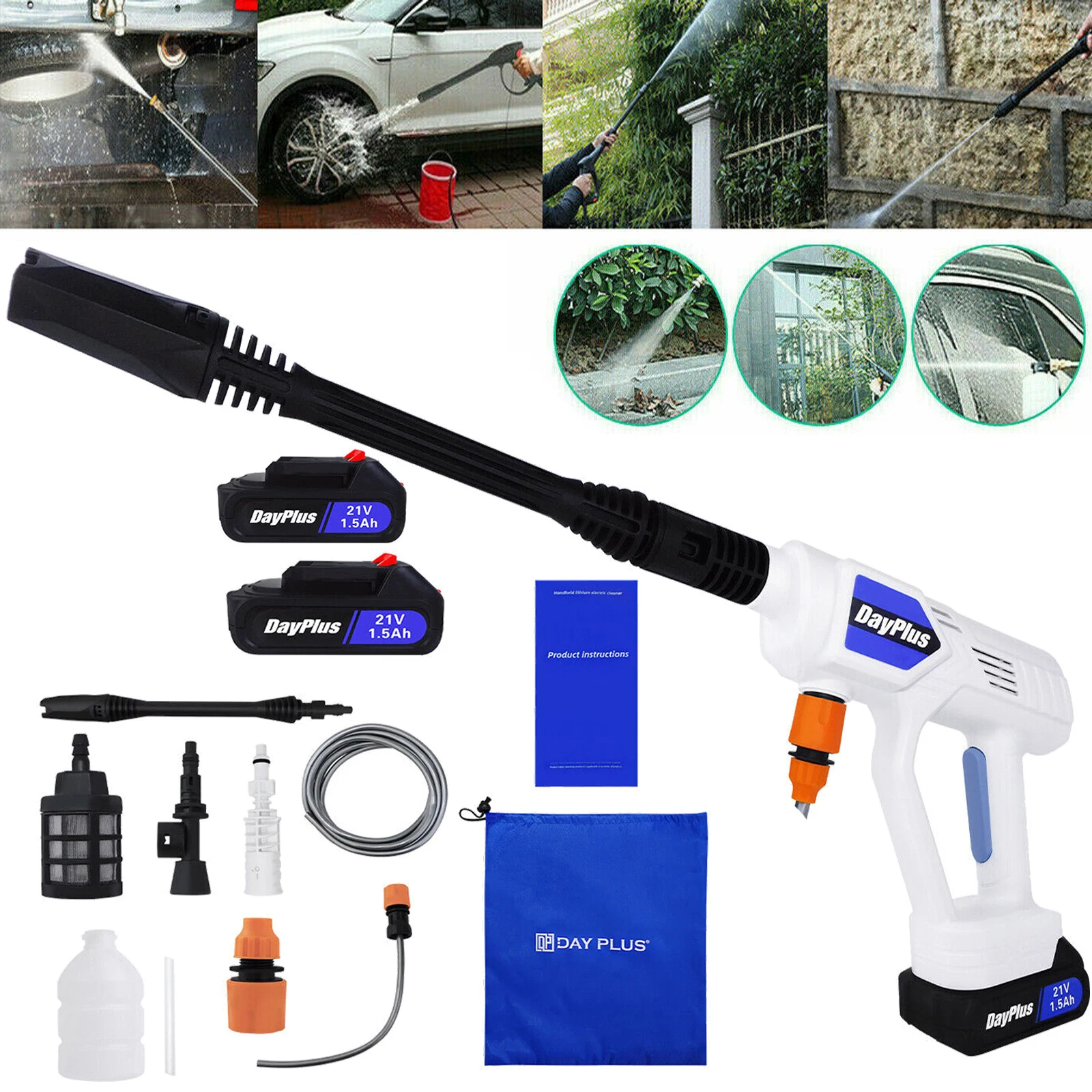 Nettoyeur haute pression sans fil pour voiture, pistolet de lavage à jet d'eau portable avec 2 batteries Li-Ion, chargeur, buse réglable