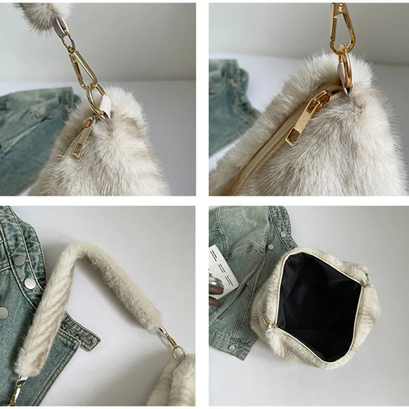 Weiche Kunstfell-Umhängetasche, Flauschige Plüsch-Handtasche für Damen, Warme Wintertasche für den Alltag, Große Kapazität, Leichtgewicht – Detail 4