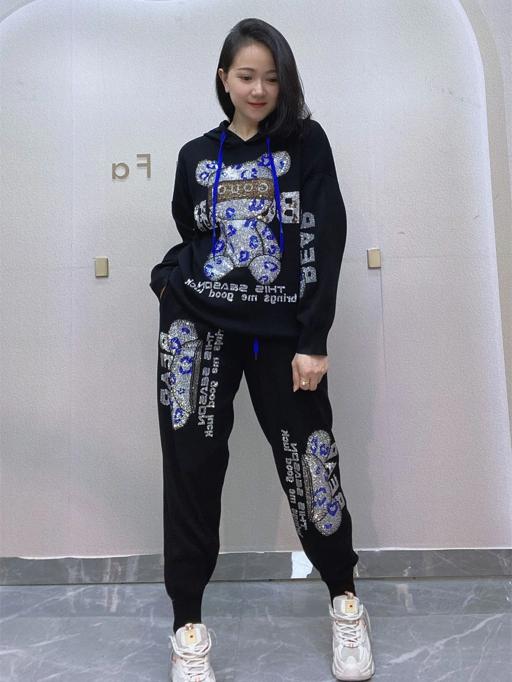 

Повседневный комплект из двух предметов: вязаная кофта с длинным рукавом и брюки с блестками, женская модная спортивная одежда, удобная, дышащая, для осени