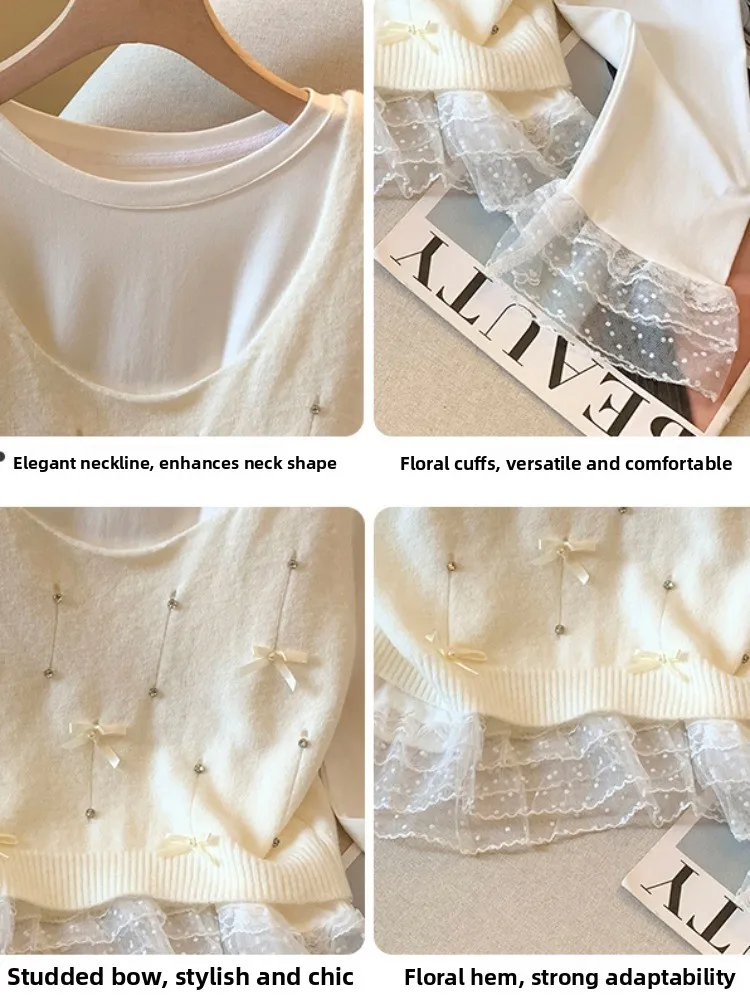 ロングスリーブレースパッチワークニットTシャツ レディース セルフキーブルヘビー装飾ツーピースセットトップ 韓国風ルーズフィット