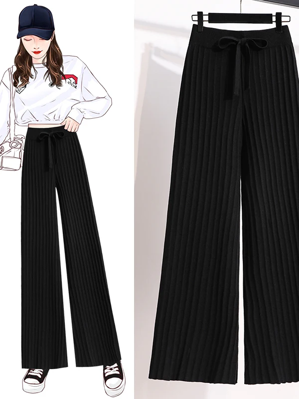 Thiened taille haute tricoté jambe droite pantalon femmes ample tricots décontractés automne hiver nouveau Sle Spor Look étudiant Fri...