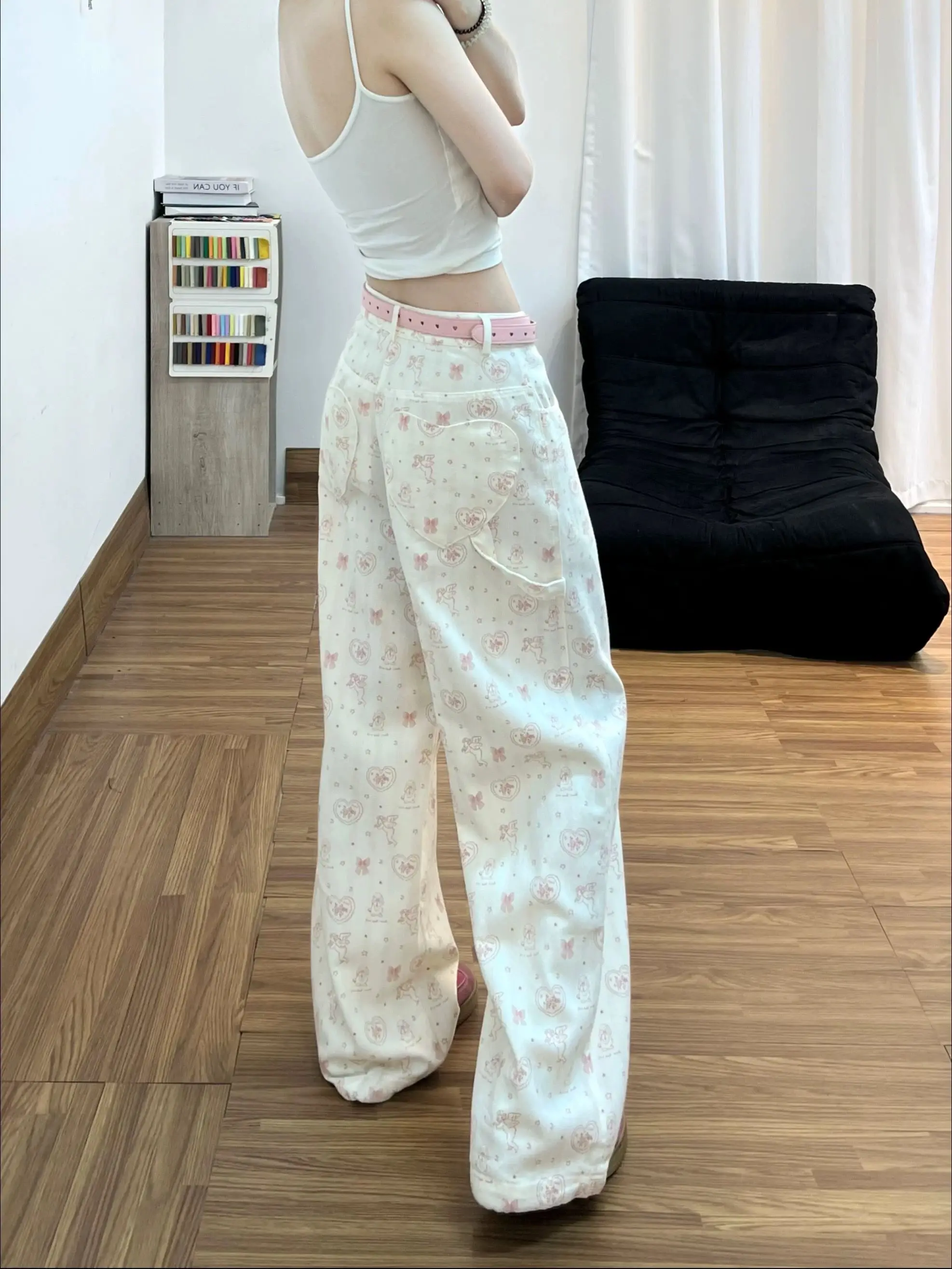 Y2K Bow Cartoon All Over Print Sweet Loose Wide Leg Floor Length Jeans Summer Thin High Street Versatile Casual for Women