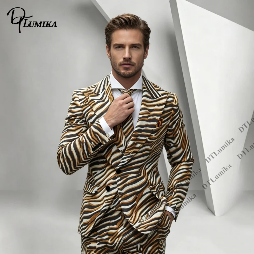 

Two Piece Zebra Stripe Print Suit Set for Men, Blazer with Patching Trousers Prom Carnival Themed Party Unique Trendy Outfit
