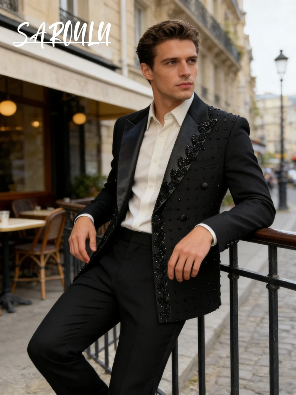 

Черный изысканный мужской костюм из бисера, элегантный двубортный банкетный комплект из двух предметов, горячая распродажа, изысканный вечерний смокинг Galas