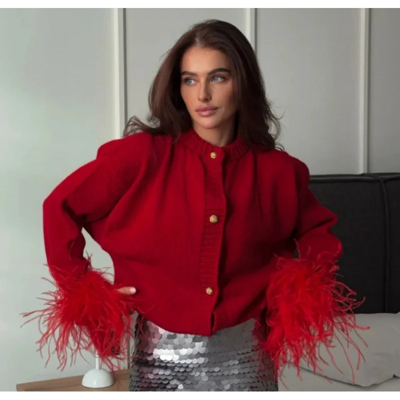 QICHE Women 2026 Autumn Winter European Red Spliced Feather Long Sleeve Knitwear Cable Knit Short Cardigan Sweater