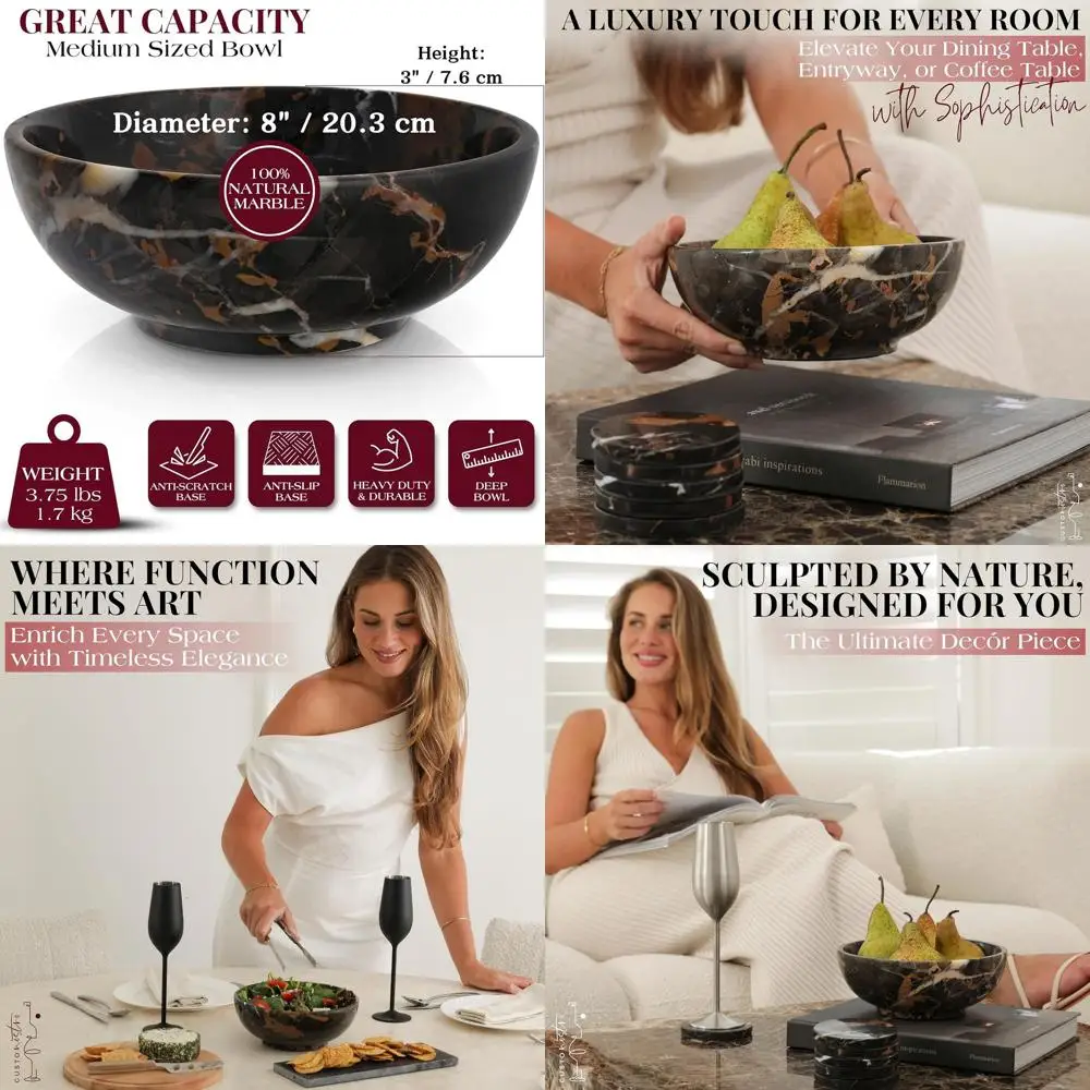 

Elegant 8 Black Marble Bowl: Perfect for Coffee Tables, Fruit Displays, and Entryway Essentials