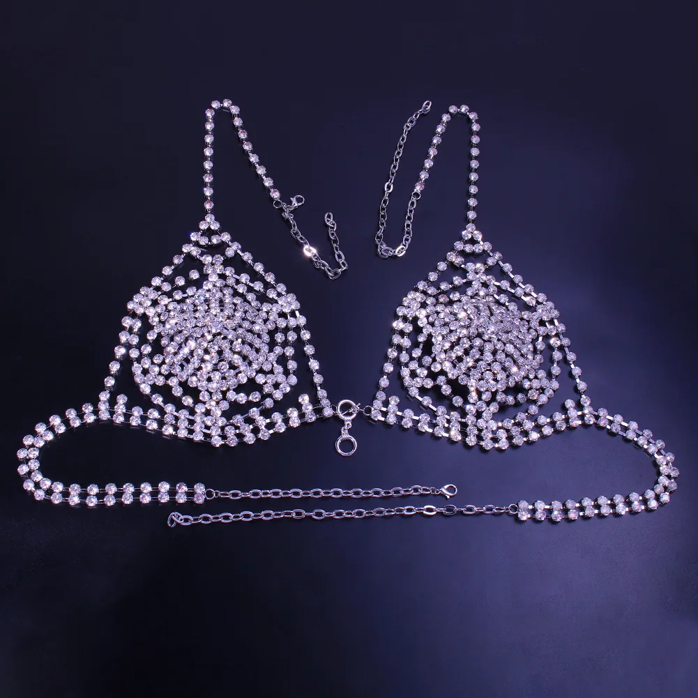 Super Flash Strip Diamond Body Chains Suit Plaid Hollow Party Rhinestone Night Show Chest Necklace