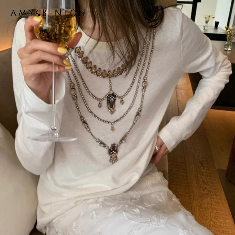 2024 New Summer Handmade Long-Sleeved T-shirt Luxury Heavy Industry Beads Practical Long-Sleeve White Tshirts Top Kawaii Clothes