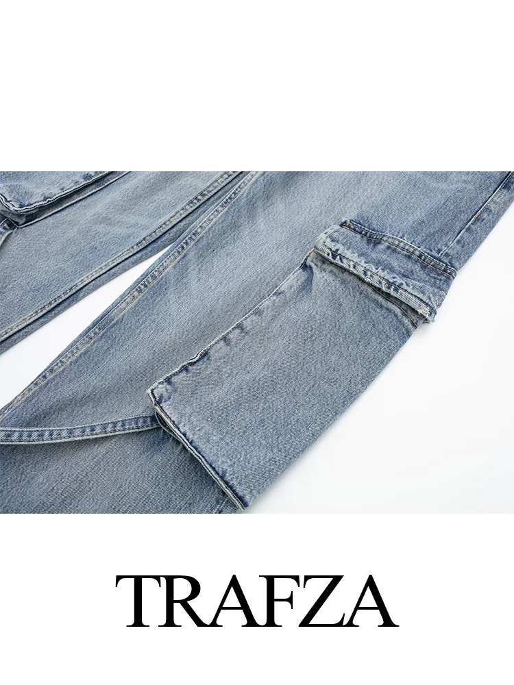 TRAFZA New 2024 Fashion Female Offiice Women Loose Straight Pants Lady With Pocket Trousers Casual Lace up Wide Leg Baggy Jeans