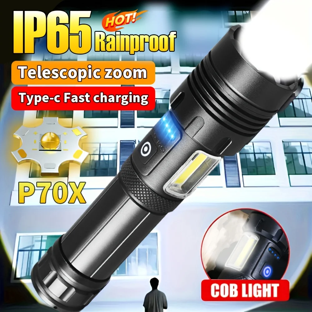 Aluminum Alloy Rechargeable P70 Flashlight High Power Waterproof Torch Light Zoomable with Storage Box Handheld Flash Light