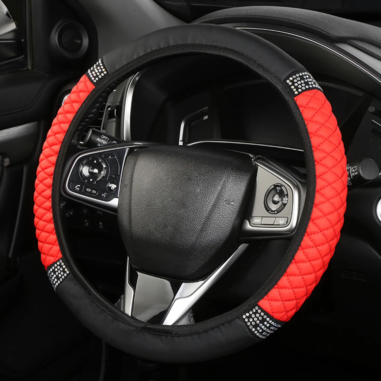 Car Steering Wheel Cover Without Inner Ring 37-38cm Three-dimensional Leather Embroidered Color Diamond-encrusted Breathable