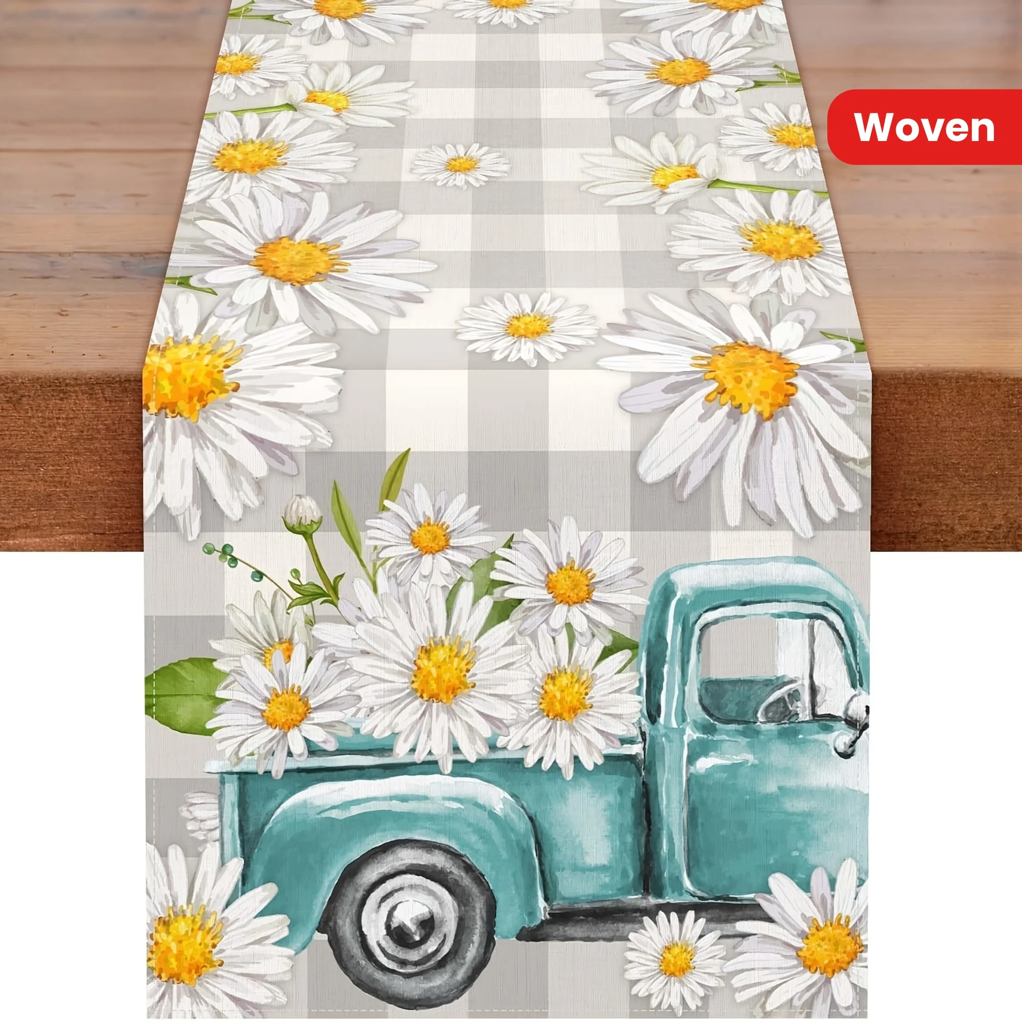 Daisy Truck Gingham Table Runner 2D Single Print Fresh Durable Table Runner Home Dining Room Kitchen Party Farmhouse Vibe Decor