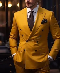 Dark Yellow Men Tuxedos Business Suit Groom Groomsman Prom Wedding Party Formal 2 Piece Set Jacket Pants