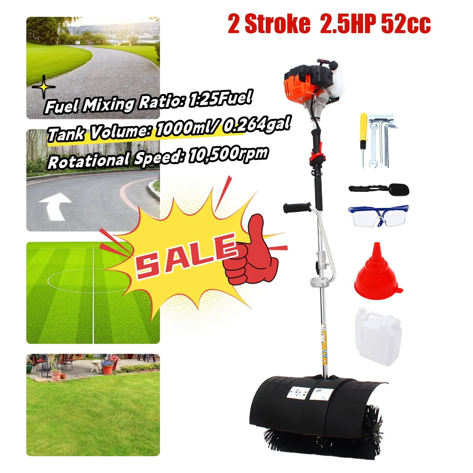 

52cc Handheld Gas Power Sweeper Broom Snow Dirt Driveway Walkway Clean 2-Stroke Walk Behind Sweeper 2.5HP 1.8M