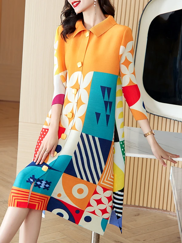 

Spring Collection Elegant Pleated Dress Loose Fit Single Button Turn-down Collar Print Open Cardigan Style Mid-length A-line ...