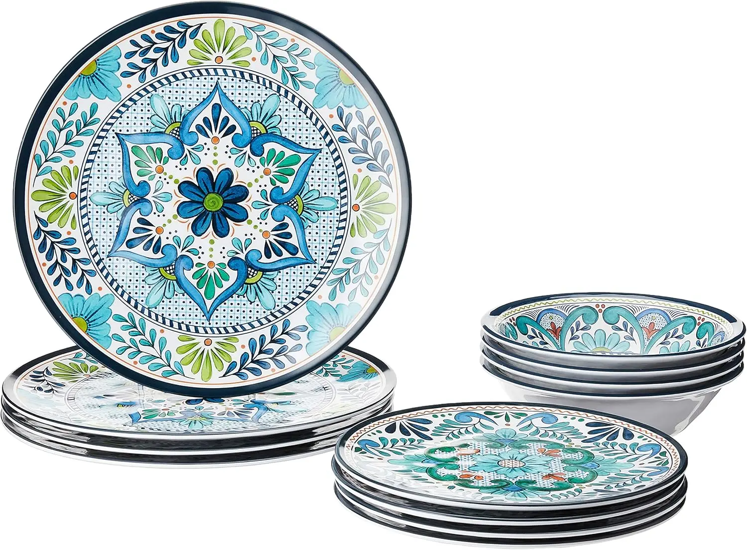 Juego de vajilla de 12 piezas: platos y cuencos multicolores para 4, inspirado en azulejos en español, duradero, ligero, inastillable
