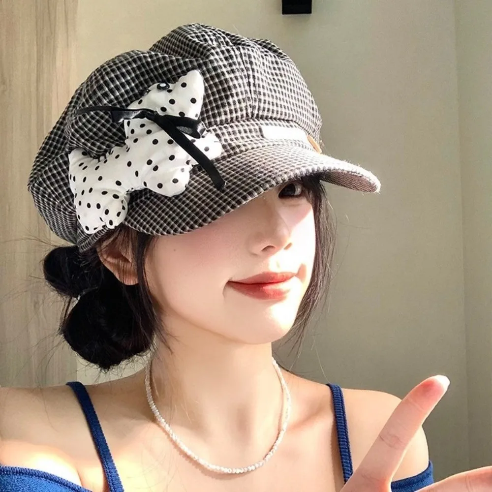 

Vintage Cute Puppy Cloud Berets Y2k Plaid Octagonal Caps Korean Sweet Painter Hat Girls