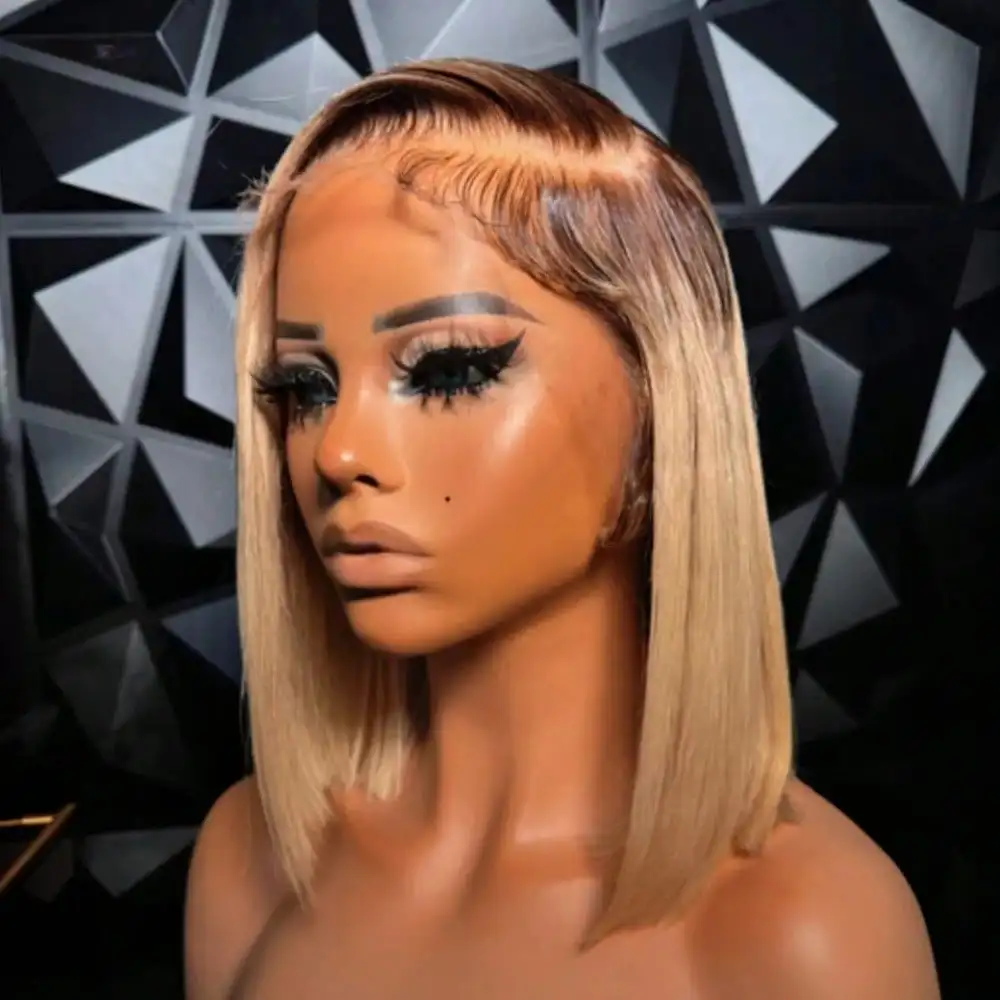 Ash Blonde Ombre Bob Lace Front Wig Human Hair 200 Density Straight Lace Front Wigs Human Hair 13x4 HD Lace Frontal Wig image 4