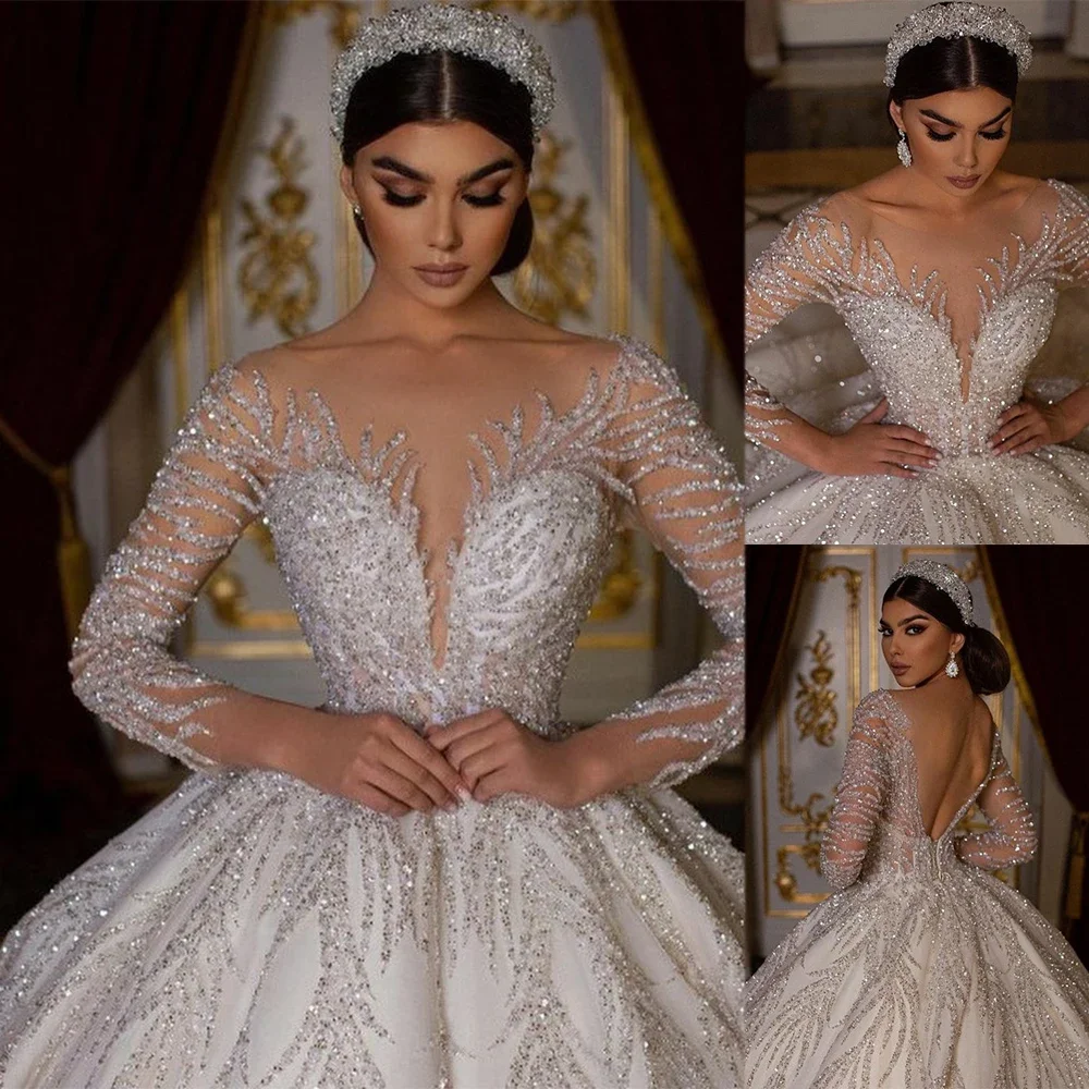 

Customized Luxurious Backless Wedding Dresses Ball Gown Arabian Sheer Neck Full Sleeves Sequins Bridal Gowns Vestidos De Novia