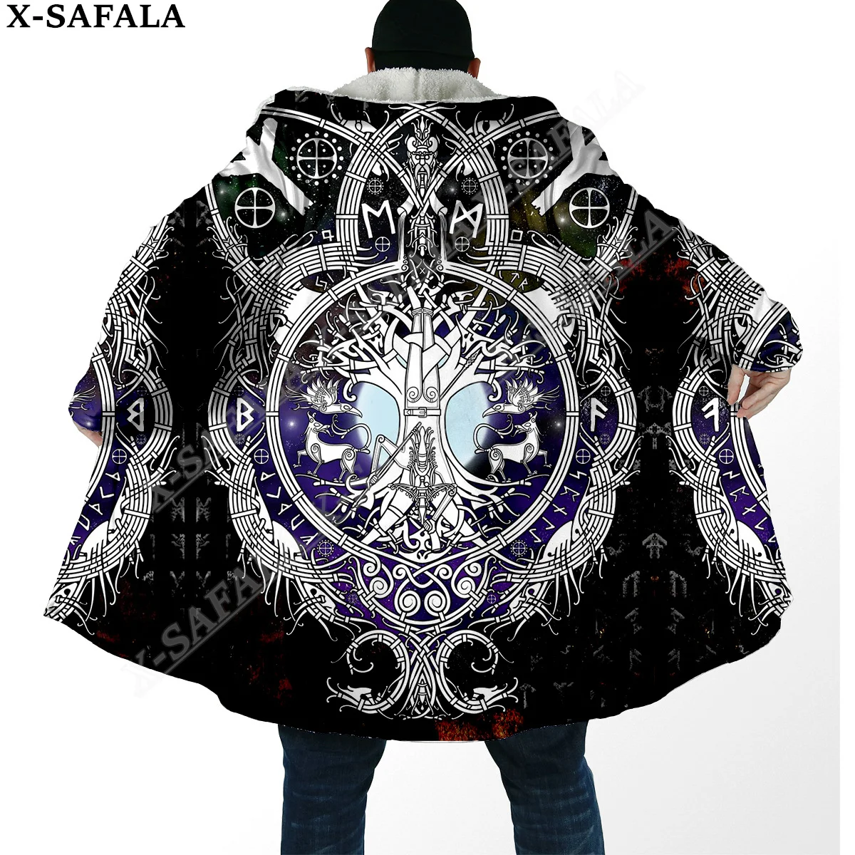 Symbol Viking Tattoo Raven Odin Overcoat Coat 3D Print Thick Warm Hooded Cloak  Men Windproof Fleece Unisex Casual-21