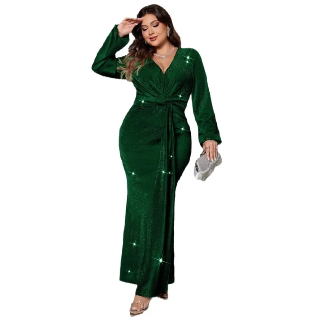 Abito da sera con scollo a V taglie forti Abito da banchetto a coda di pesce dimagrante elegante a maniche lunghe per donna Autunno Inverno Nuovo arrivo