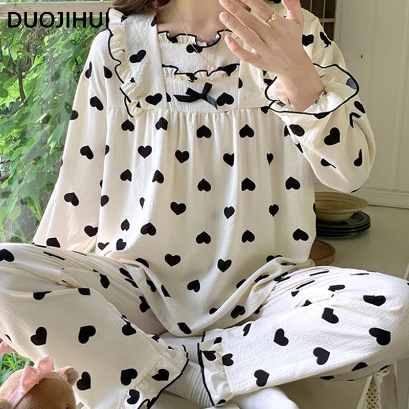 DUOJIHUI-Pijama con estampado Floral para mujer, conjunto de 2 piezas con volantes, lazo elegante, holgado, 8 colores, otoño