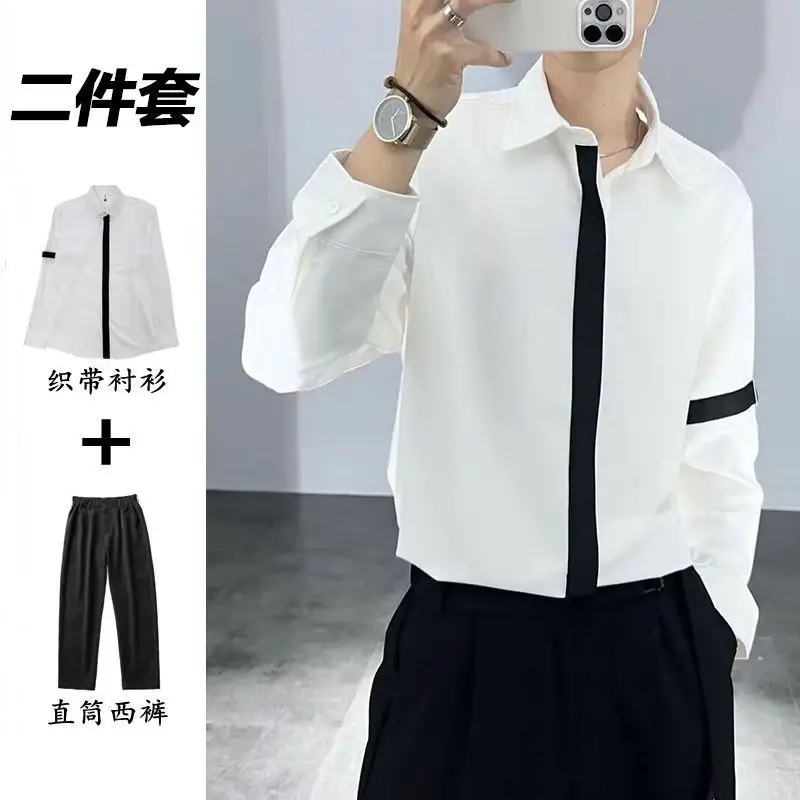 

Рубашка с длинным рукавом из лямки 2025 года, мужская рубашка в британском стиле, персонализированная черно-белая трендовая рубашка контрастного цвета, легкая рубашка в зрелом стиле