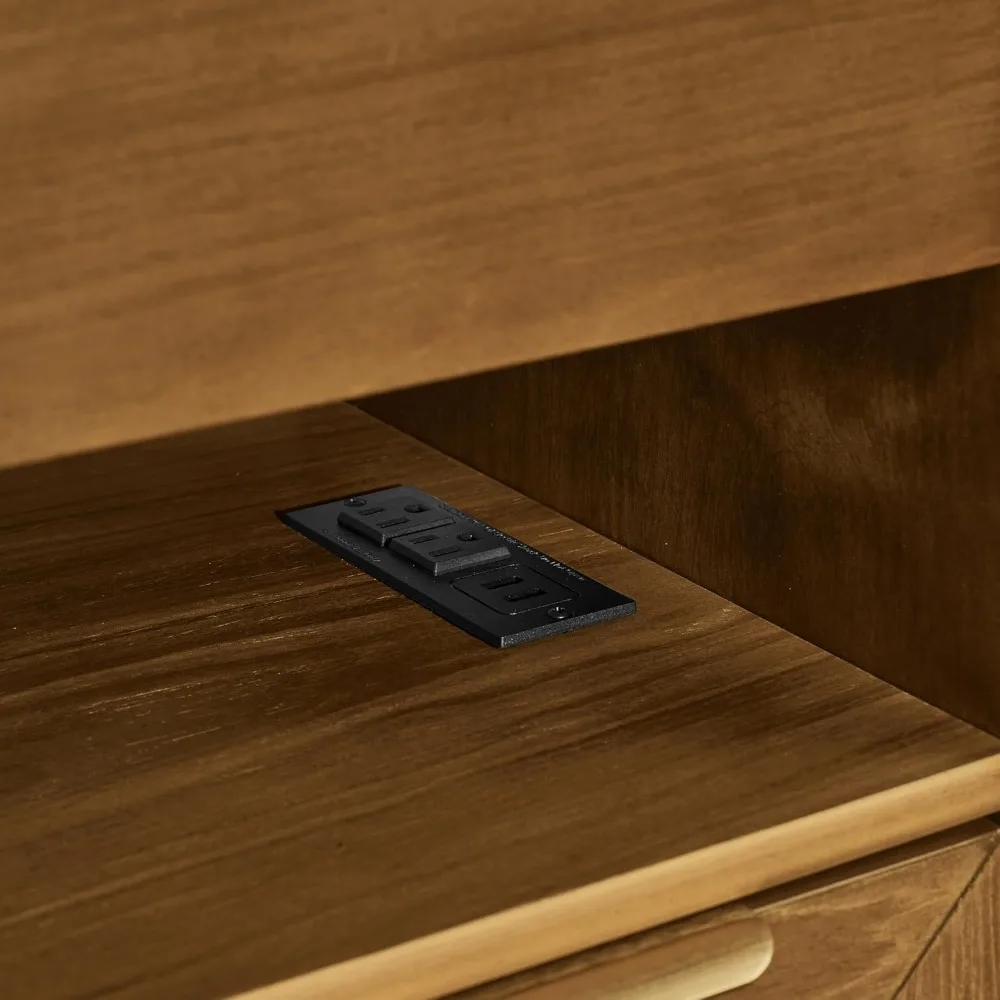 منضدة محطة شحن على الطراز الحديث لمنتصف القرن، طاولة نهاية المزرعة مع مخرج، درجين، رف مفتوح، أدراج زجاجية f #5