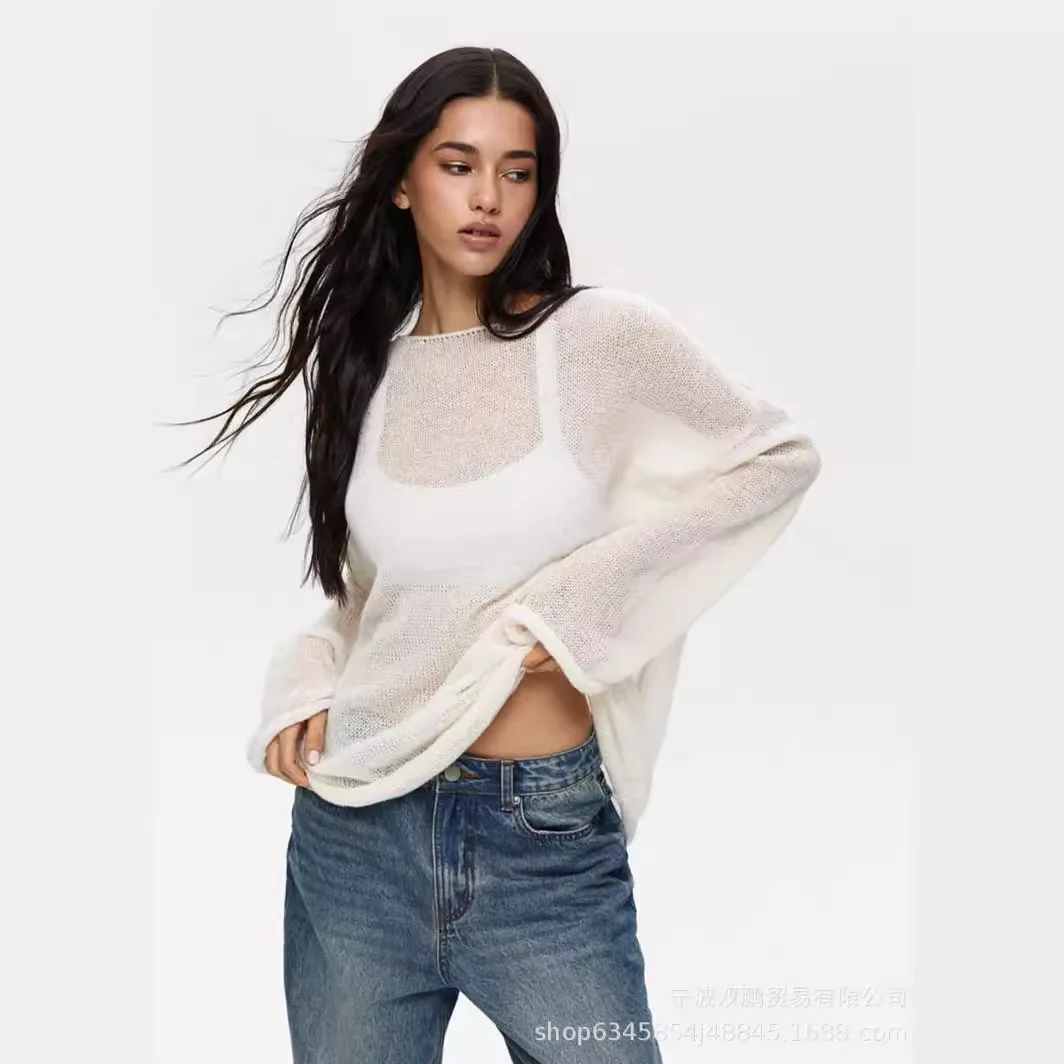 Elegant Solid Color Wool Hollow Knitted T-shirt For Women 2025 Casual Fashionable Loose Thin Women's Perspective Pullover Blouse