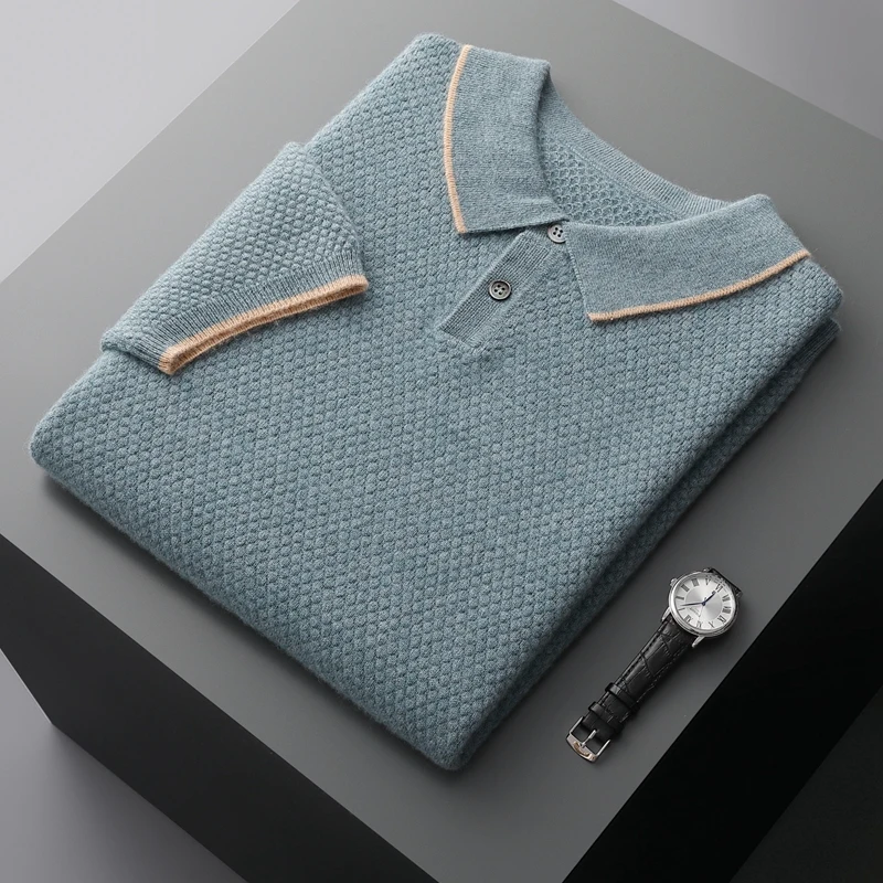 ZOCEPT 100% Cashmere Short Sleeve Sweater Autumn Winter New Casual Business Knitted Button-up Polo Collar Pullover for Men