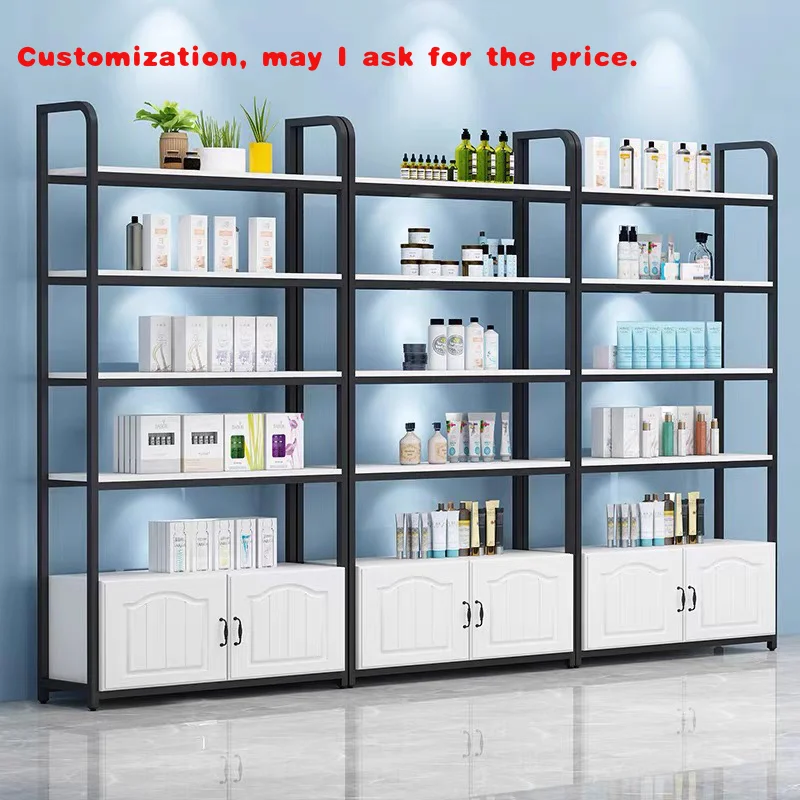 custom.White Light Duty Metal Cosmetic Display Shelf with Cabinet Storage Single or Double-Sided Beauty Stores or Supermarke