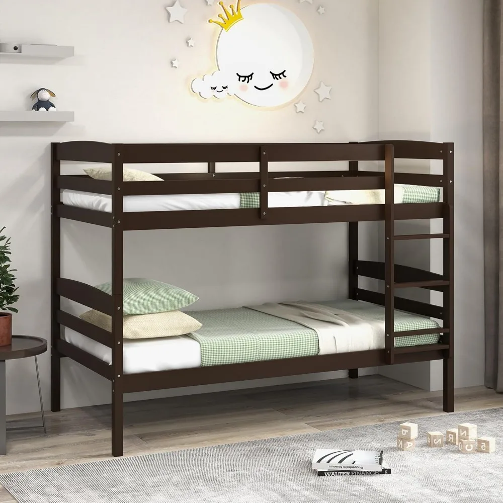 Over Twin Bunk Bed, Wood Bunk Bed with Full-Length Guardrail & Integrated Ladder, Space-Saving Bunk Bed Mattress Foundation