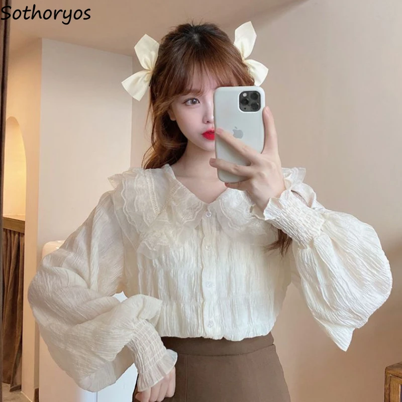 Peter Pan Collar Shirts Women Tender Folds Trendy Korean Style Mujer Aesthetic Long Sleeve Clothes Kawaii College Basics Spring