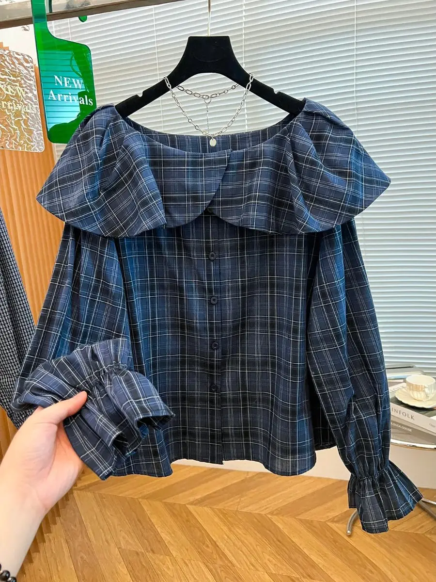 

Women Blue Plaid Blouses And Shirts Vintage Elegant 2000s Korean Long Sleeve Shirt For Women Fashion Clothes Spring Autumn 2026