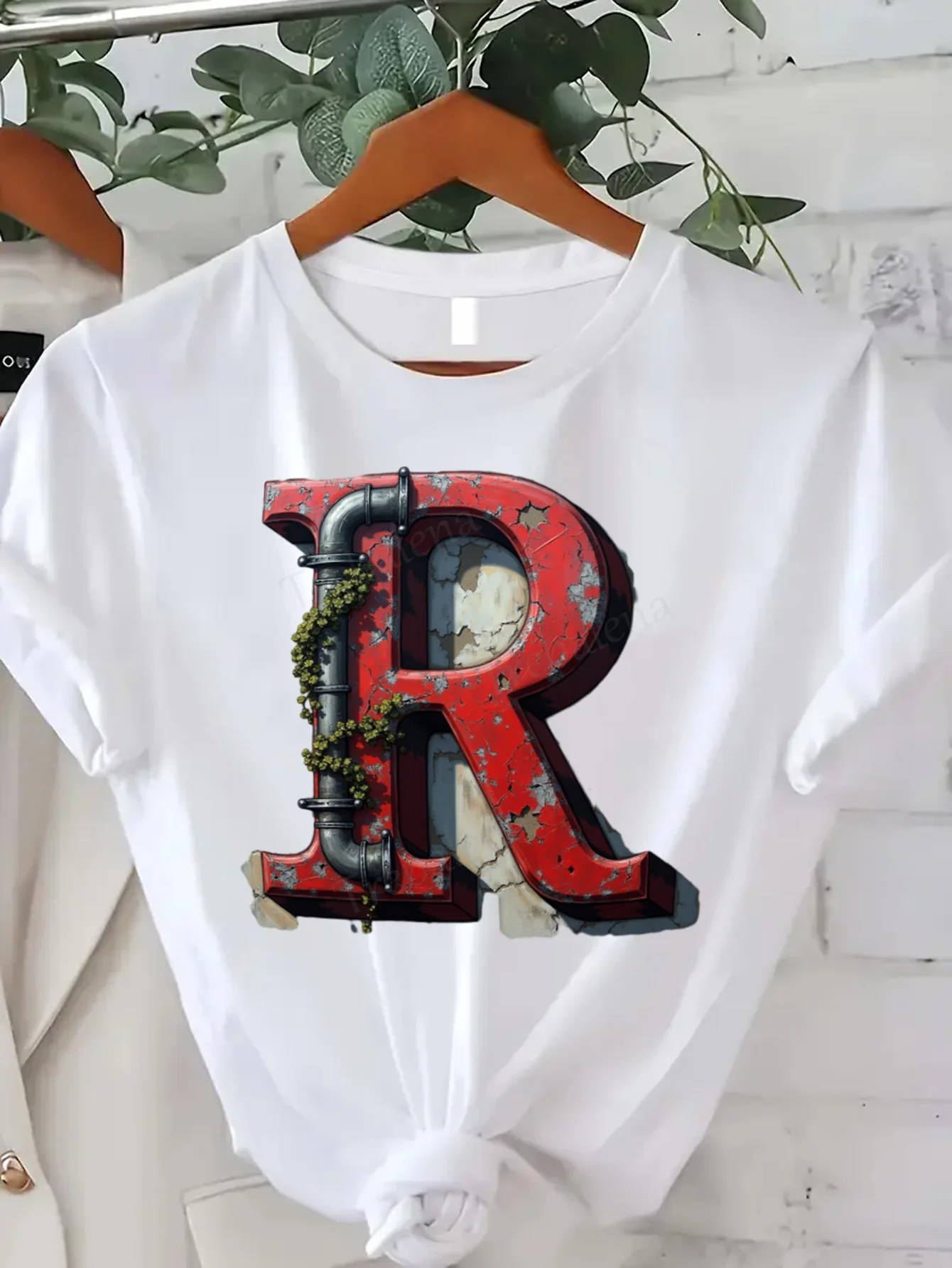 تي شيرت نسائي مريح مطبوع عليه رسومات R صناعية ريفية للنساء كاجوال على طراز ملابس الشارع