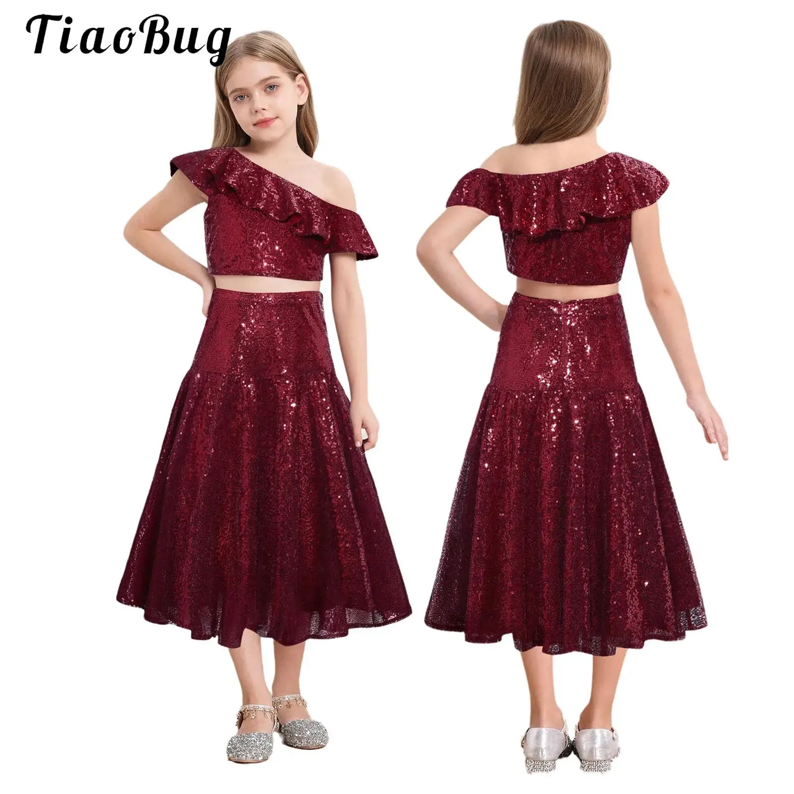 

Children Flower Girls Sequin Party Dress Elegant Ruffled Tank Crop Tops with Long Skirt Princess Wedding Birthday Formal Outfits