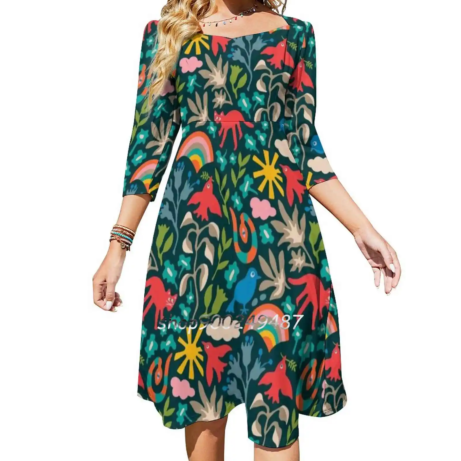 Land Of Plenty Nature Pattern-Unblink Studio By Jackie Sweetheart Knot Flared Dress Fashion Design Large Size Loose Dress