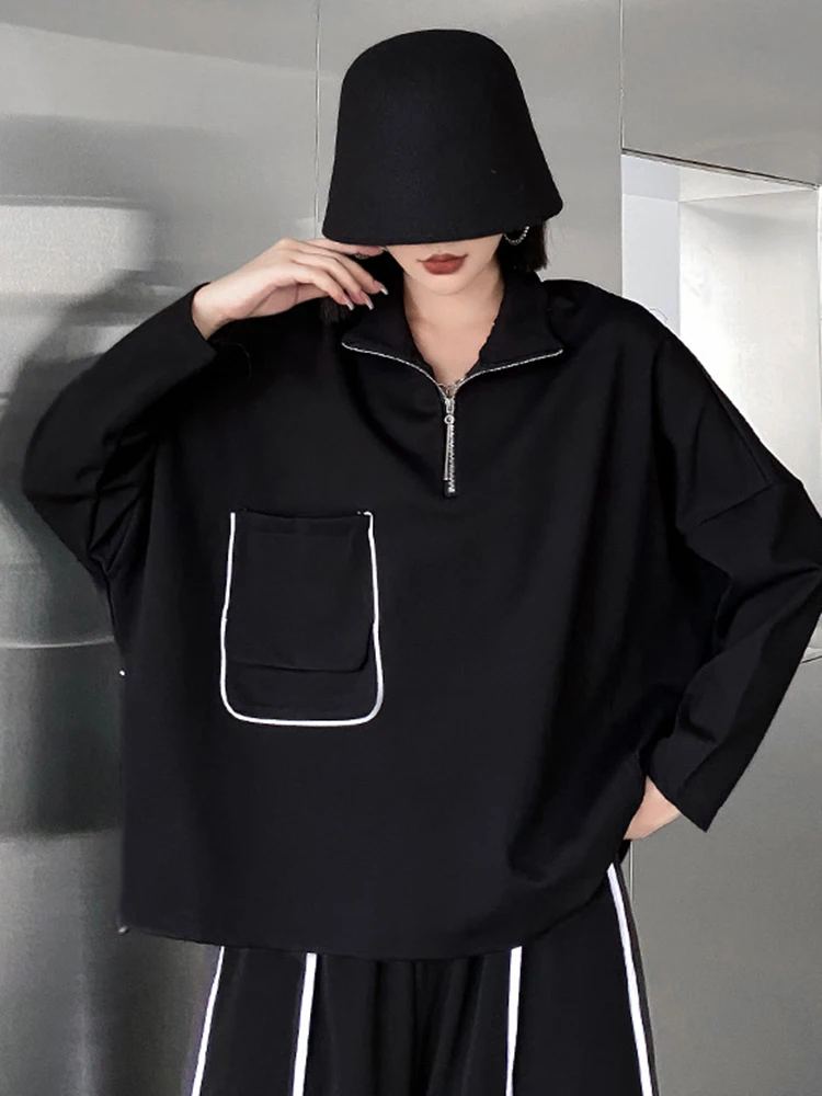 

Черная толстовка с молнией и асимметричными карманами, новая модель с высоким воротником и длинными рукавами, женская, больших размеров, модная, весна-осень 2026