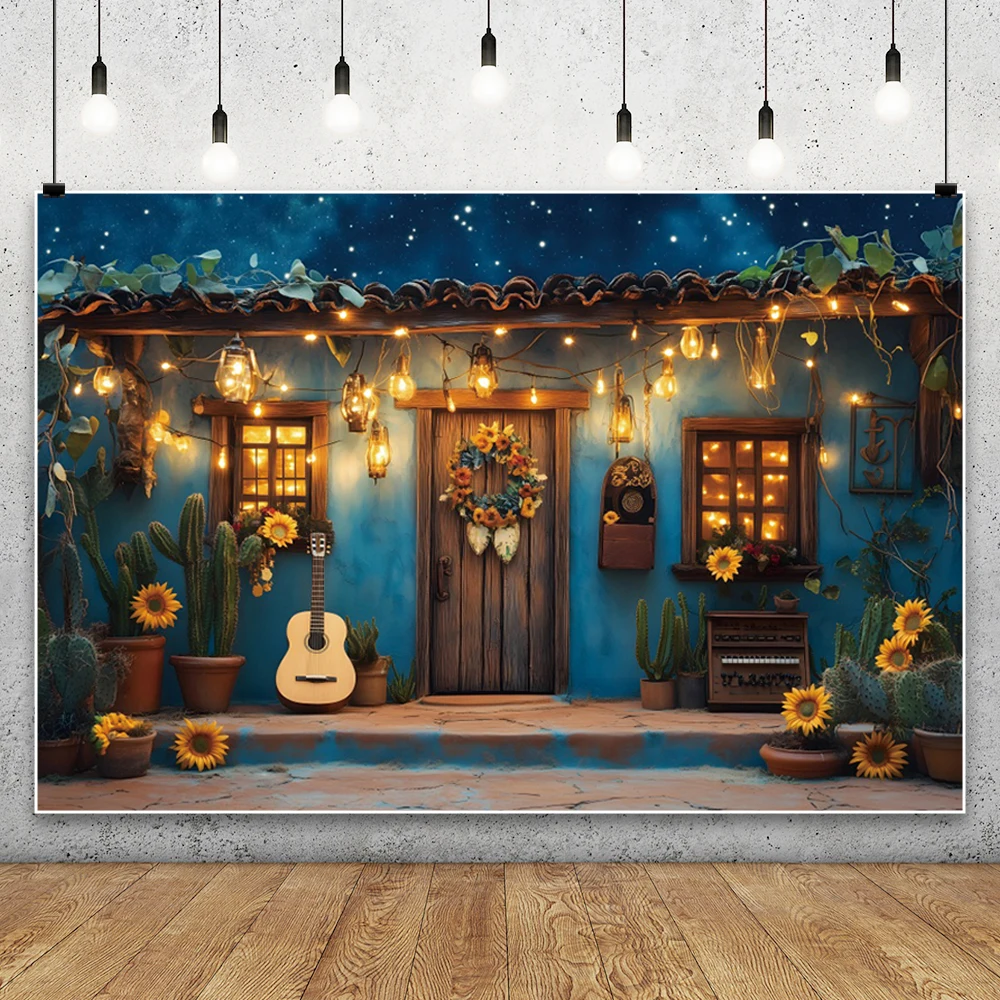 Mexican Carnival Party Background Wooden House Guitar Sunflowers Cactus Twinkle Lights Fiesta Party Decor Backdrop Photography