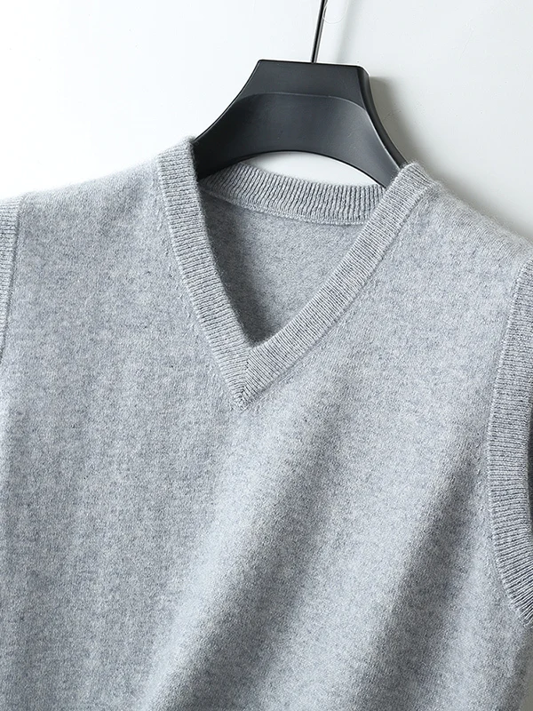 100% Wool V-Neck Sleeveless Knitted Vest Men's Casual Business Comfortable Fit Chinese Brand Sweater without Sleeve
