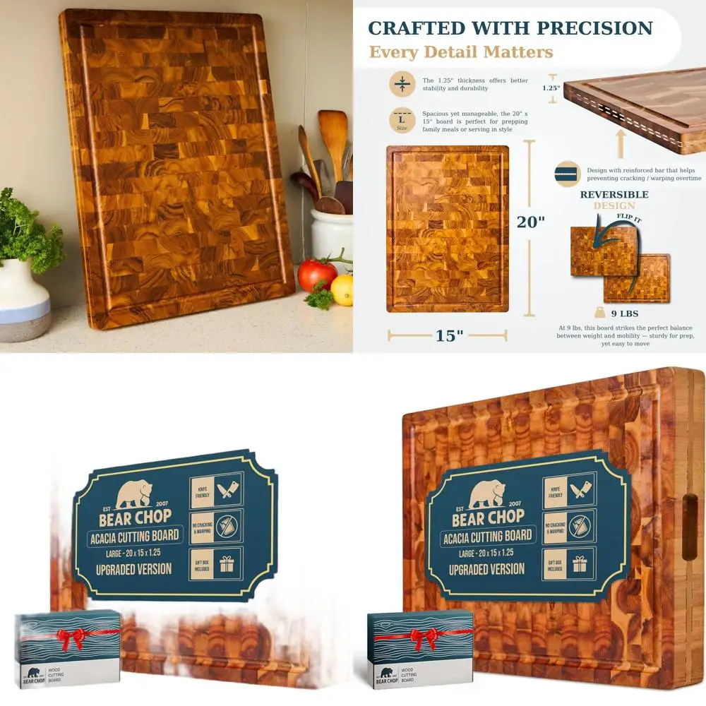 

Acacia Wood Kitchen Cutting Board, 20x15 Inches, 1.25 Inch Thick, Reinforced Edges, Anti-Crack, with Juice Groove and Handle