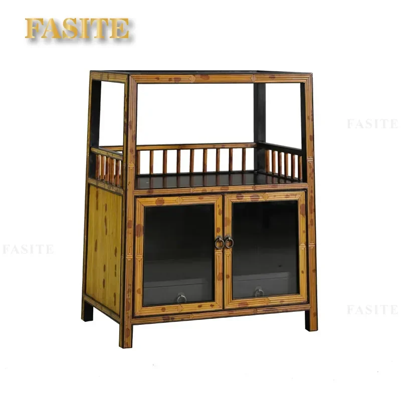 For Chinese Style Bamboo Tea Cabinet with Golden Silk Nanmu Handmade Tea Box Cup Storage Shelf Furniture Home Decor