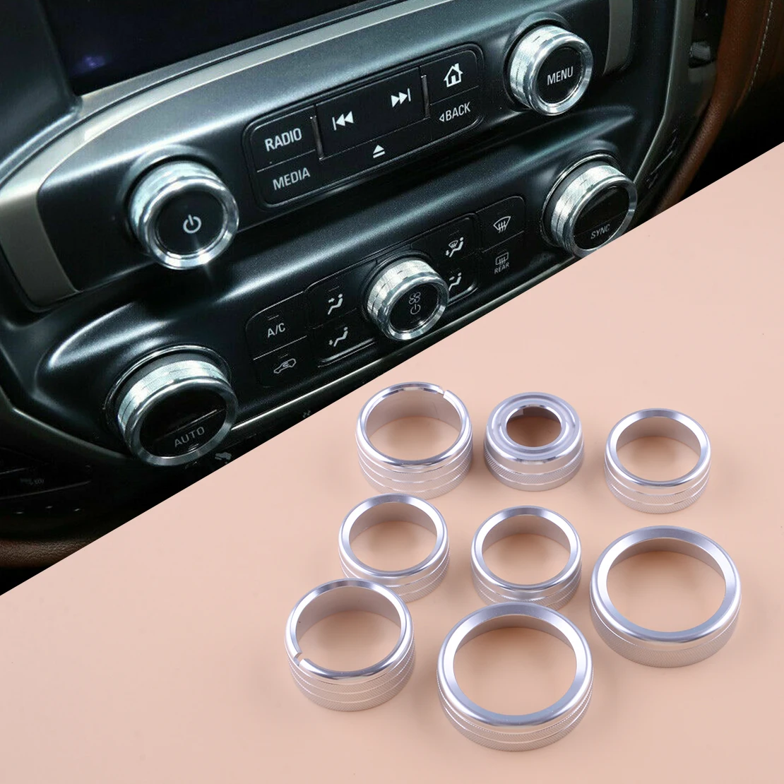 8Pcs Car Silver Front Central Control Switch Knob Cover Trim Ring Decor Fit For Chevrolet Silverado 2014 2015 2016 2017 2018