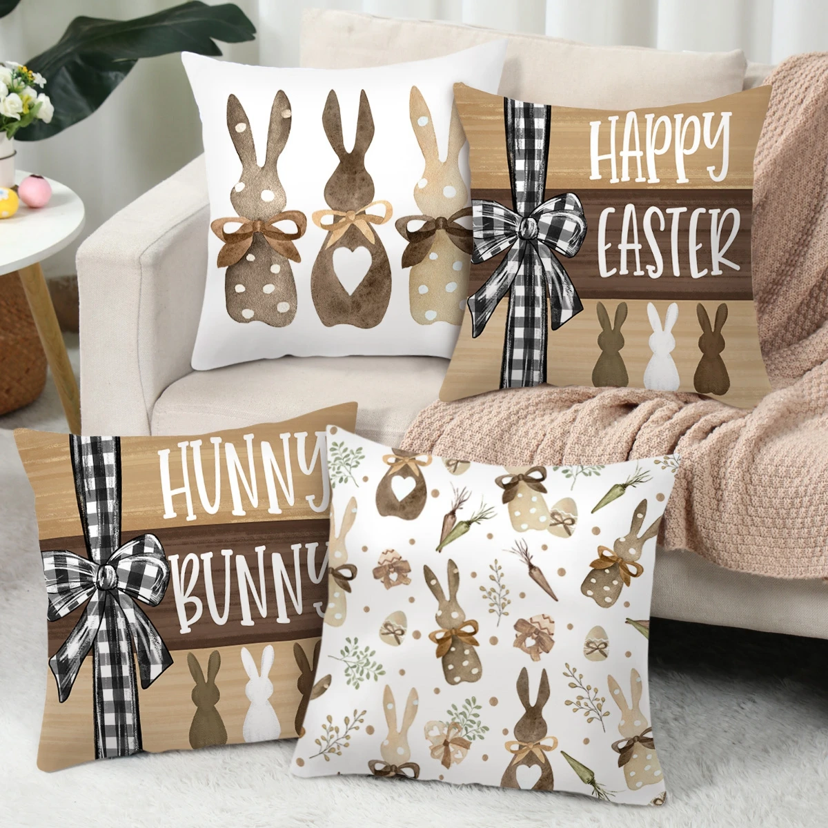 4 Uds 45x45CM funda de cojín de piel de melocotón de Pascua feliz lindos huevos de conejito Hello Spring funda de almohada decoración para el hogar 2025 funda de almohada