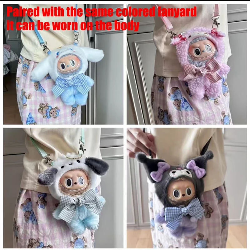 Per la bambola Labubu Sanrio vestiti Hello Kitty Kuromi Melody Cinnamoroll Chiikawa peluche abbigliamento cordino borsa a tracolla accessori