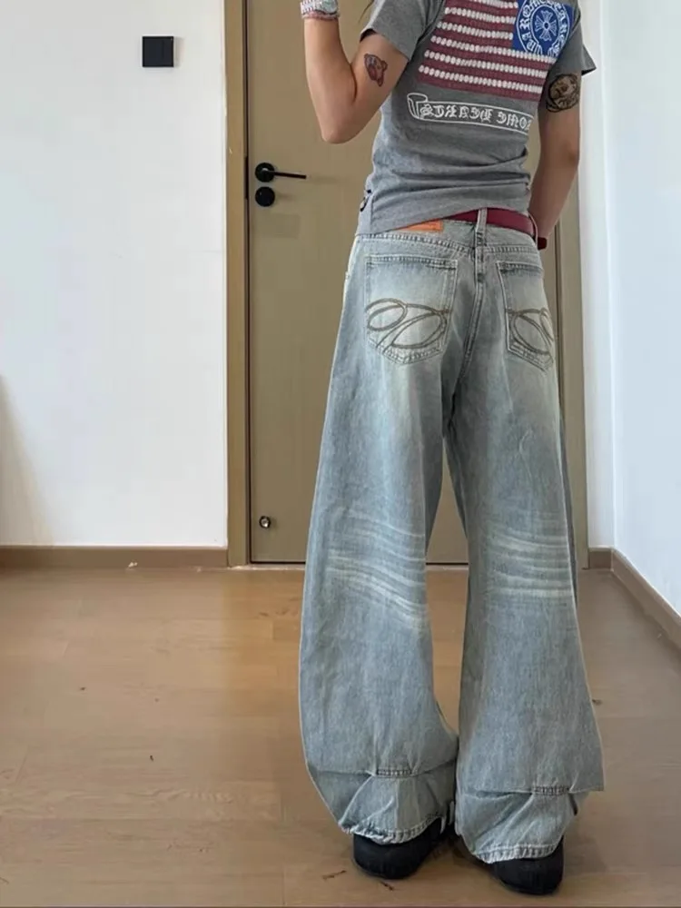 

Джинсы Y2K в американском стиле, свободные, с эффектом потертости, с вышивкой, с изогнутыми штанинами, женские летние, с высокой талией, прямые, широкие брюки